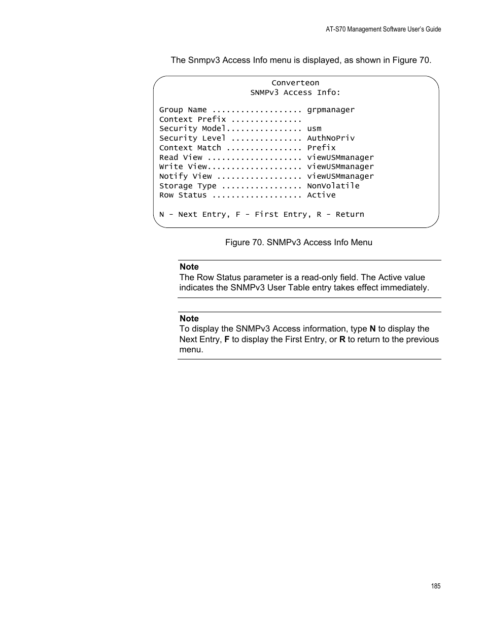 Figure 70. snmpv3 access info menu | Allied Telesis AT-S70 User Manual | Page 185 / 302