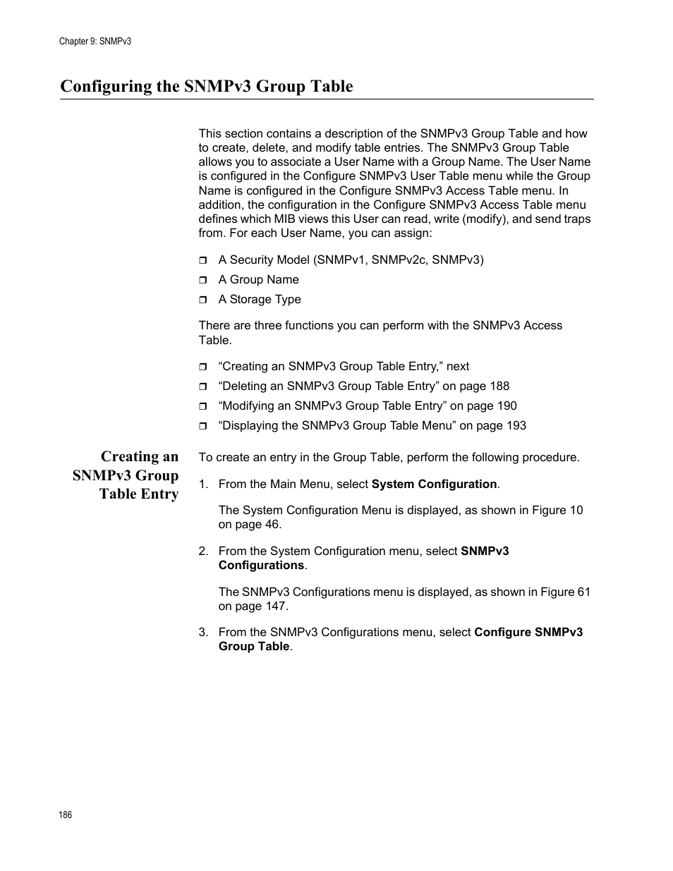 Configuring the snmpv3 group table, Creating an snmpv3 group table entry | Allied Telesis AT-S70 User Manual | Page 186 / 302