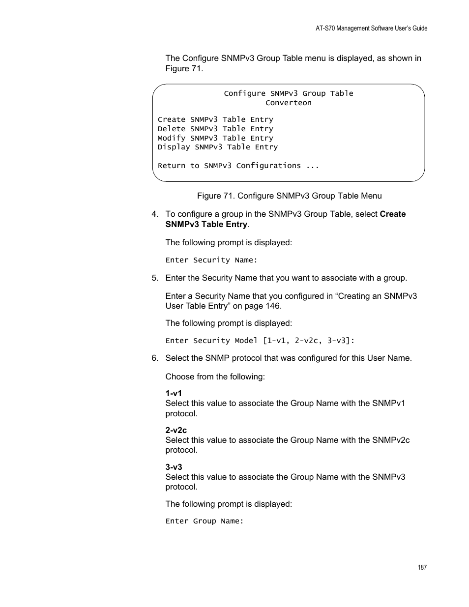 Figure 71. configure snmpv3 group table menu | Allied Telesis AT-S70 User Manual | Page 187 / 302