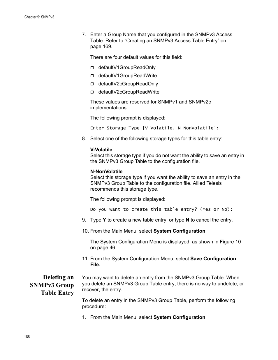 Deleting an snmpv3 group table entry | Allied Telesis AT-S70 User Manual | Page 188 / 302