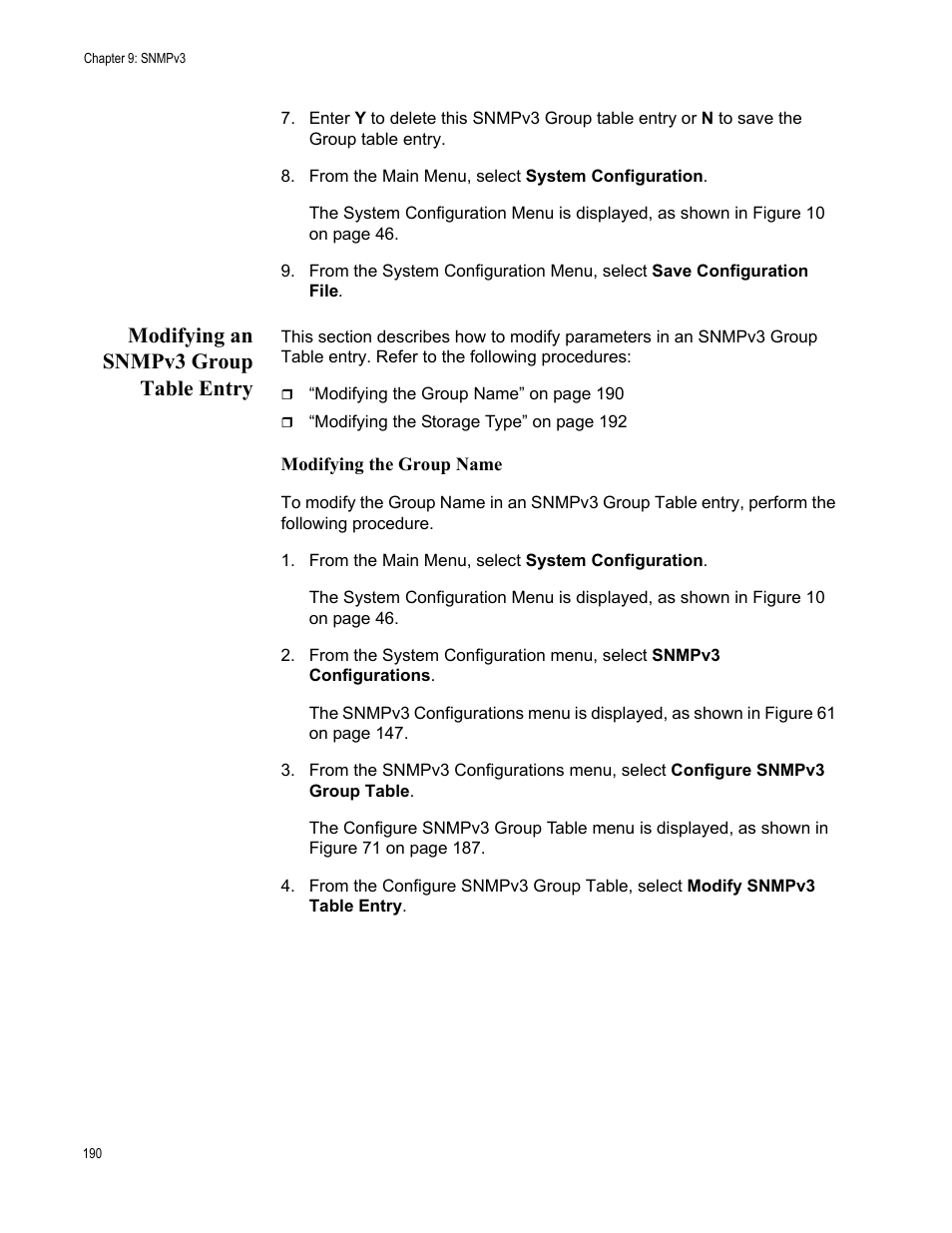 Modifying an snmpv3 group table entry, Modifying the group name | Allied Telesis AT-S70 User Manual | Page 190 / 302