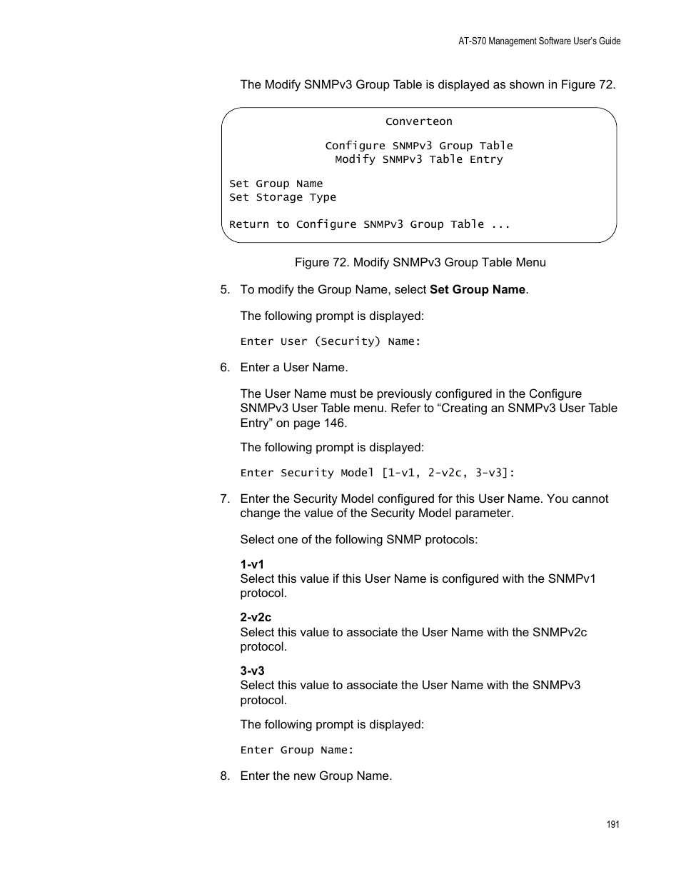 Figure 72. modify snmpv3 group table menu | Allied Telesis AT-S70 User Manual | Page 191 / 302
