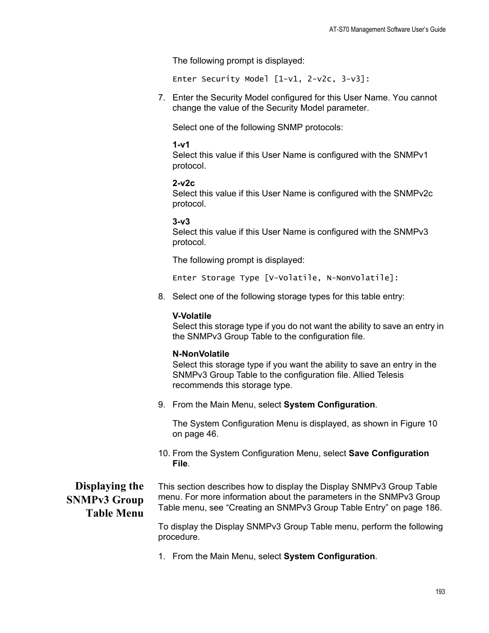 Displaying the snmpv3 group table menu | Allied Telesis AT-S70 User Manual | Page 193 / 302