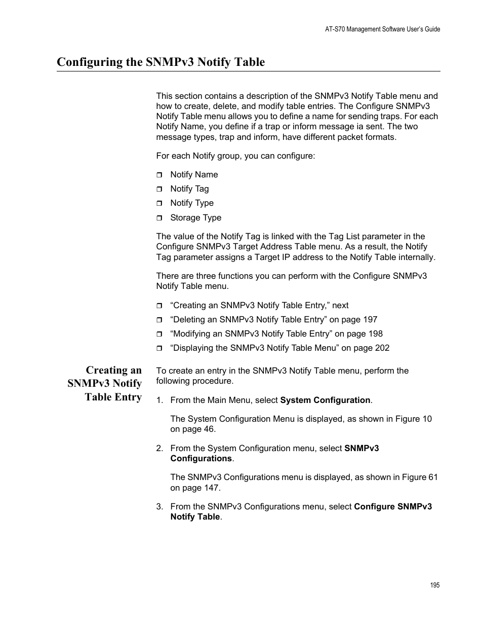 Configuring the snmpv3 notify table, Creating an snmpv3 notify table entry | Allied Telesis AT-S70 User Manual | Page 195 / 302