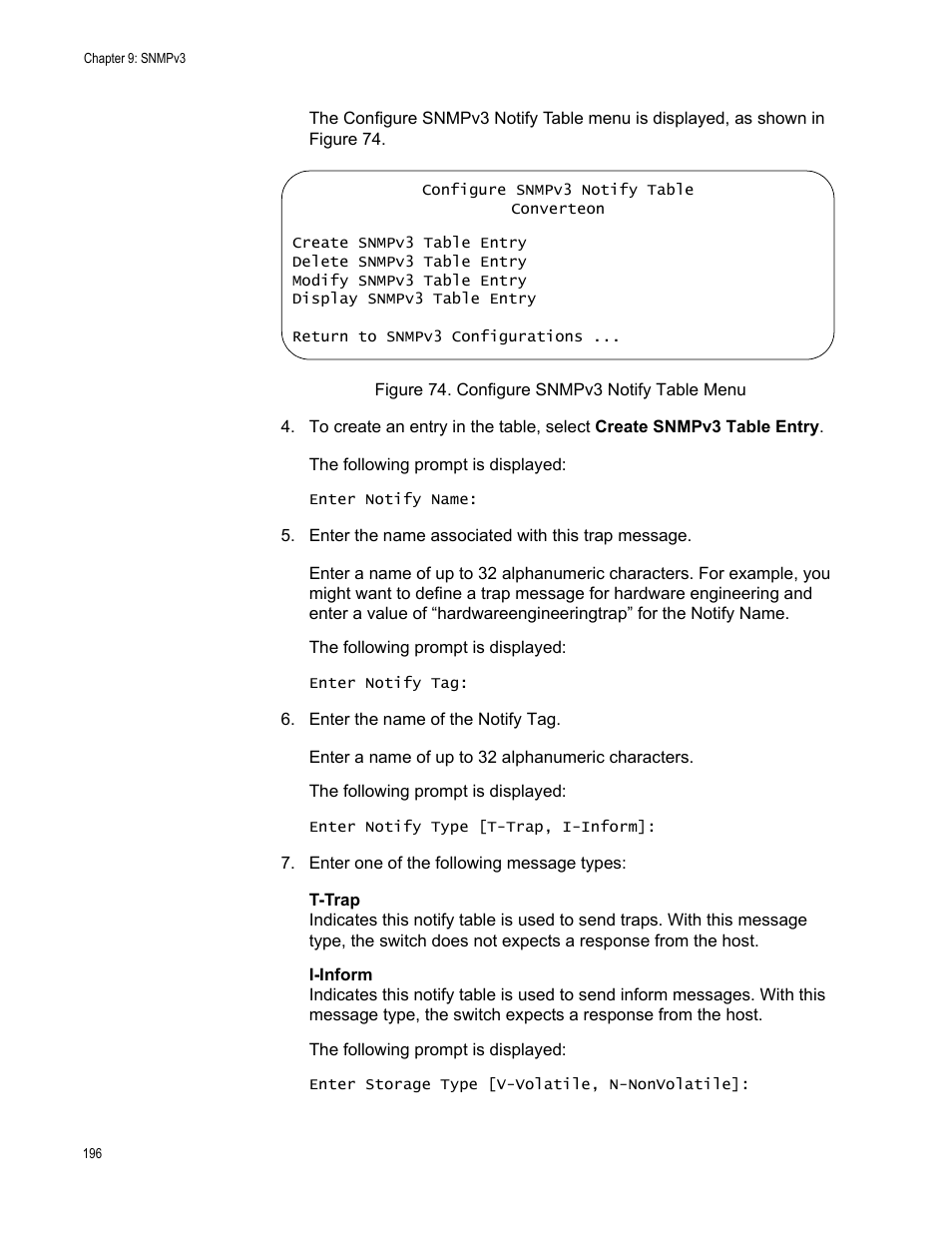 Figure 74. configure snmpv3 notify table menu | Allied Telesis AT-S70 User Manual | Page 196 / 302