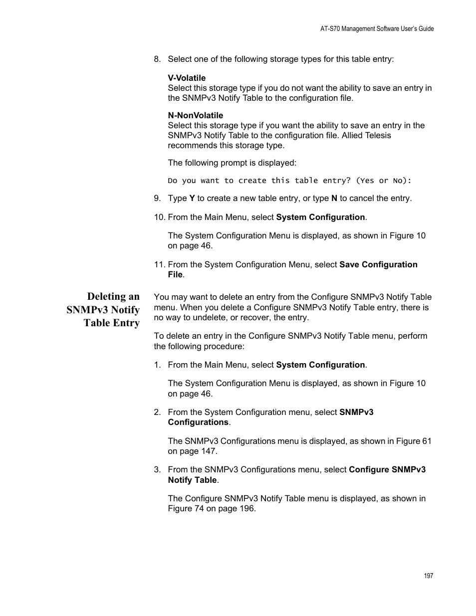 Deleting an snmpv3 notify table entry | Allied Telesis AT-S70 User Manual | Page 197 / 302