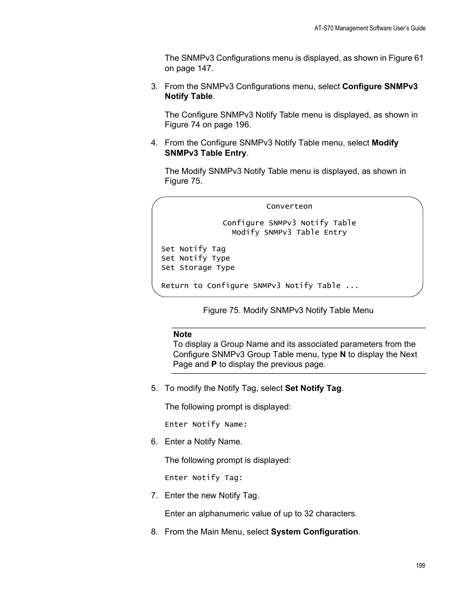 Figure 75. modify snmpv3 notify table menu | Allied Telesis AT-S70 User Manual | Page 199 / 302