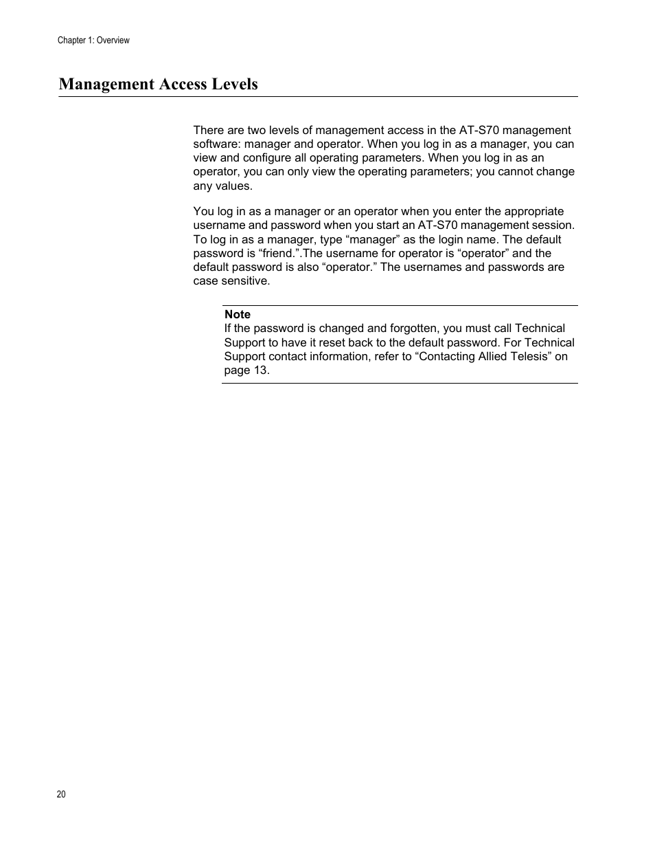 Management access levels | Allied Telesis AT-S70 User Manual | Page 20 / 302
