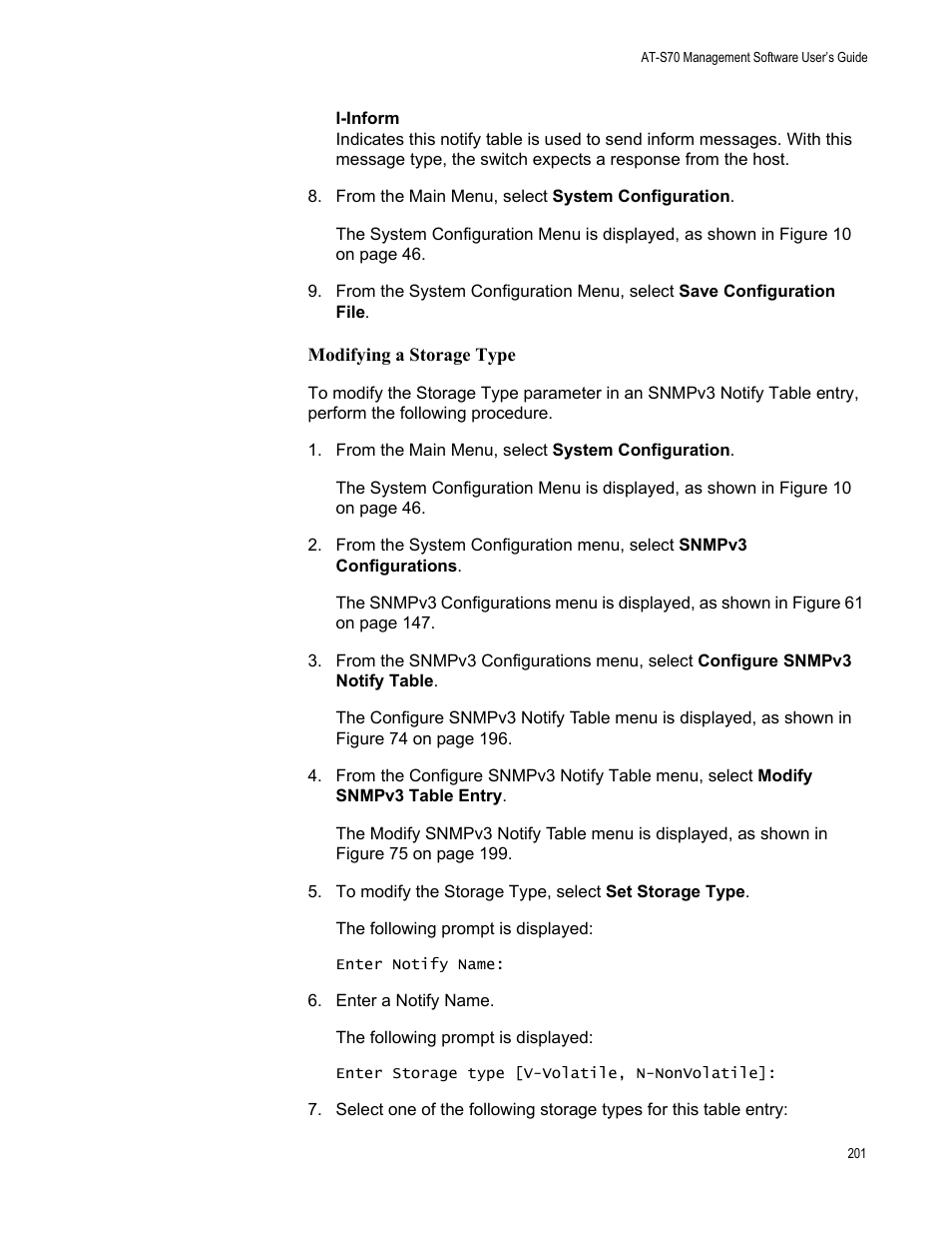Modifying a storage type | Allied Telesis AT-S70 User Manual | Page 201 / 302
