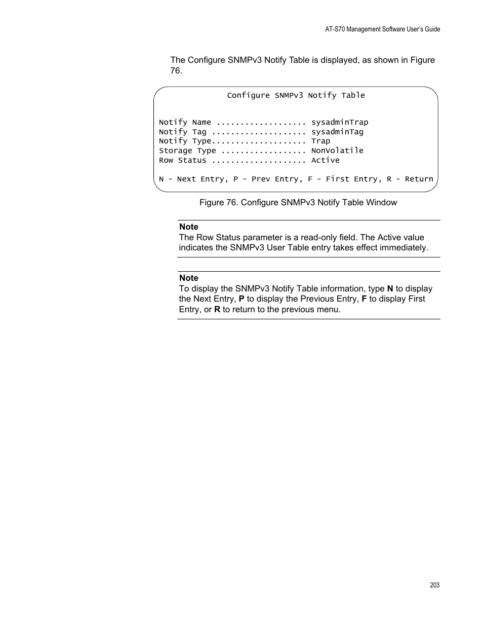 Figure 76. configure snmpv3 notify table window | Allied Telesis AT-S70 User Manual | Page 203 / 302