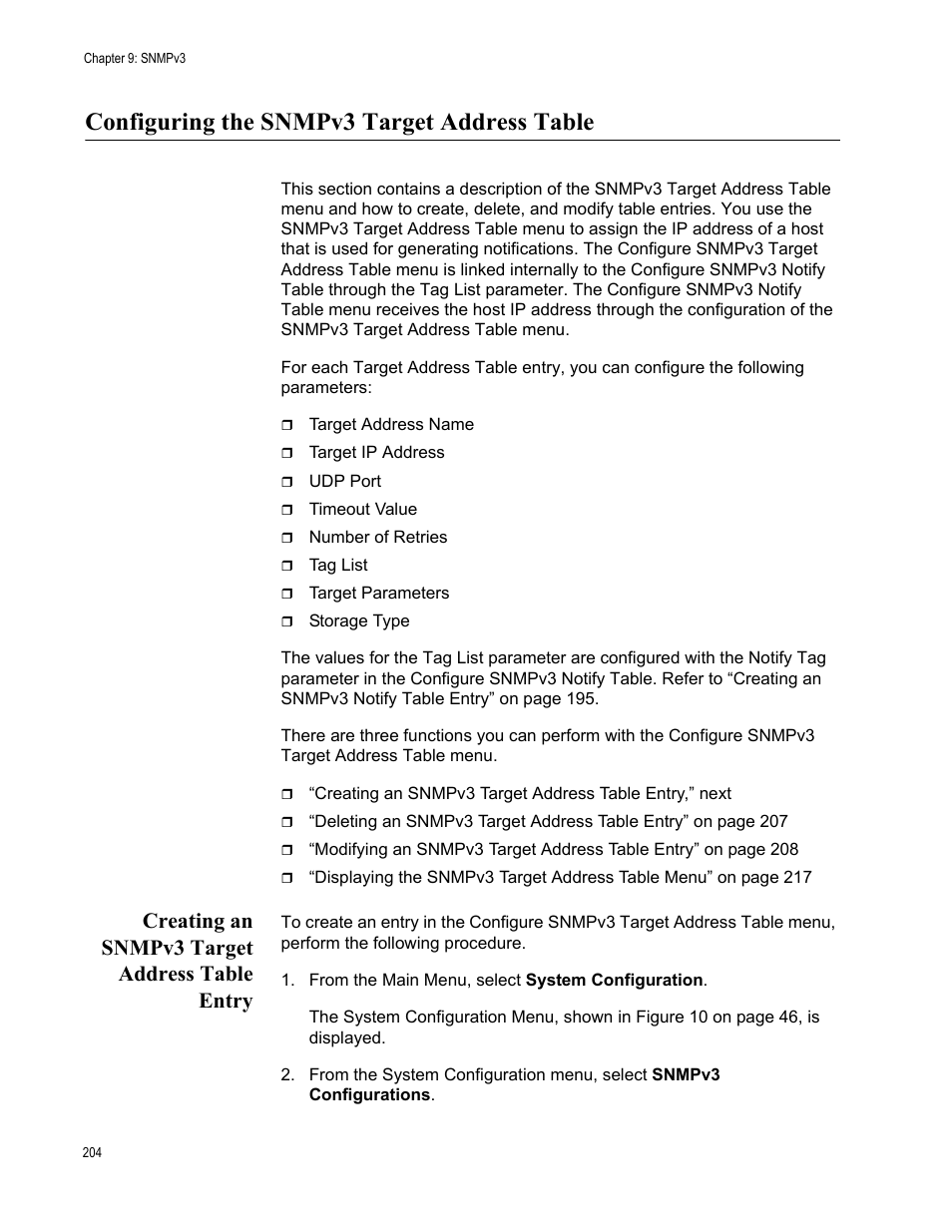 Configuring the snmpv3 target address table, Creating an snmpv3 target address table entry | Allied Telesis AT-S70 User Manual | Page 204 / 302
