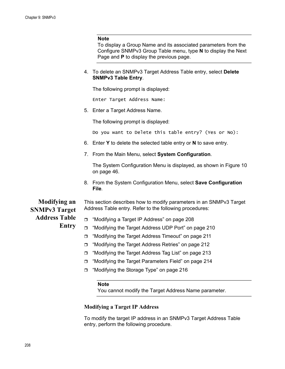 Modifying an snmpv3 target address table entry, Modifying a target ip address | Allied Telesis AT-S70 User Manual | Page 208 / 302