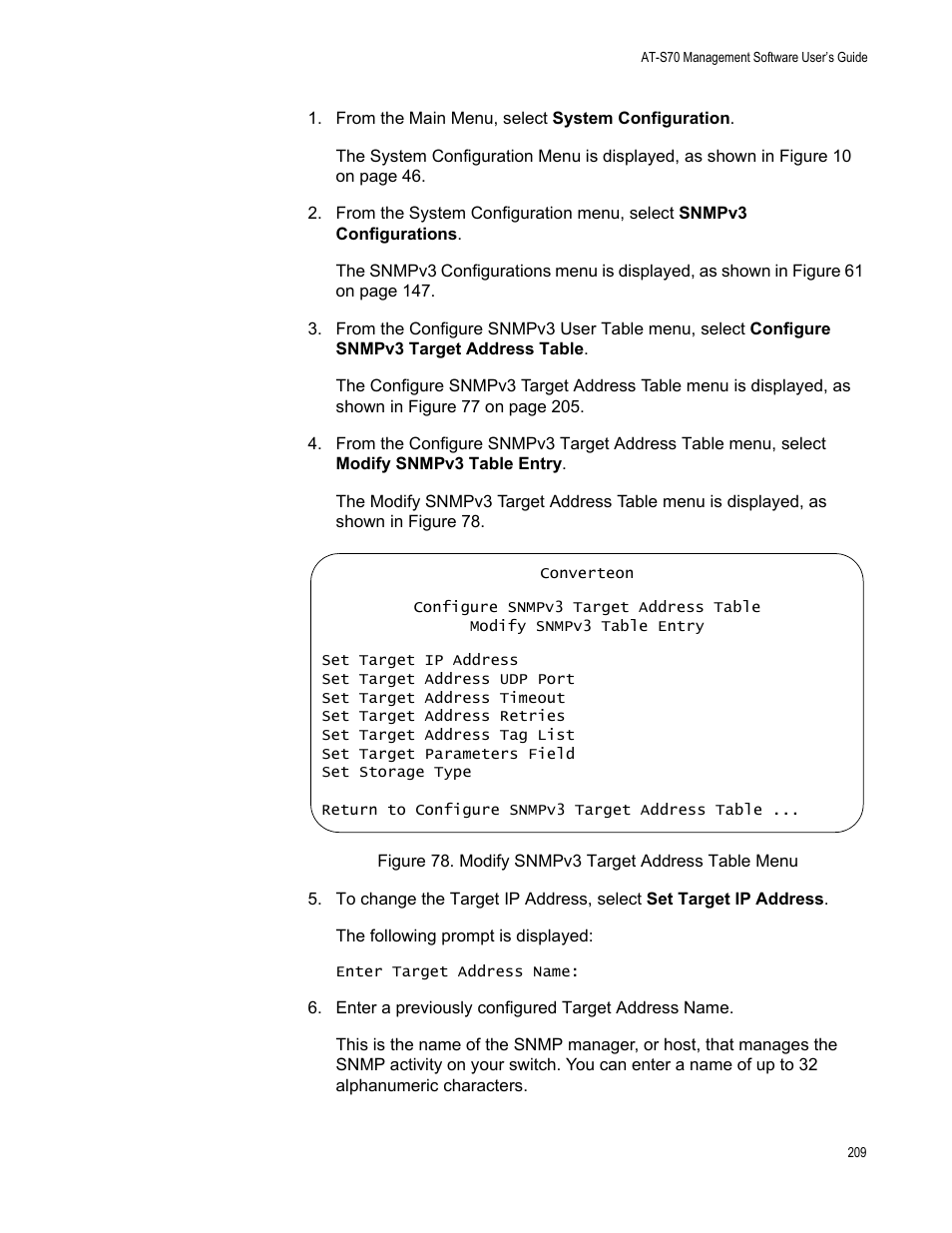 Figure 78. modify snmpv3 target address table menu | Allied Telesis AT-S70 User Manual | Page 209 / 302