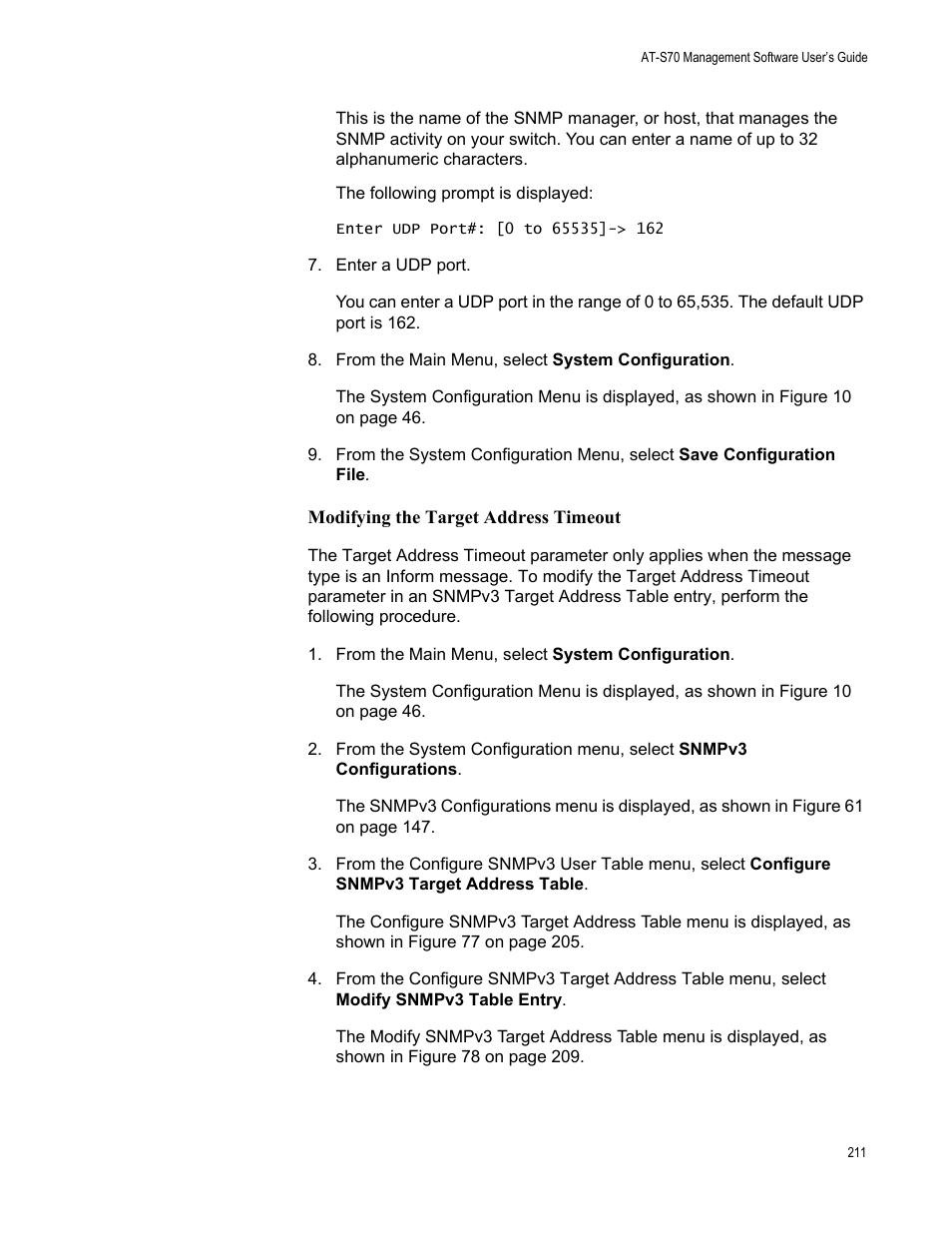 Modifying the target address timeout | Allied Telesis AT-S70 User Manual | Page 211 / 302