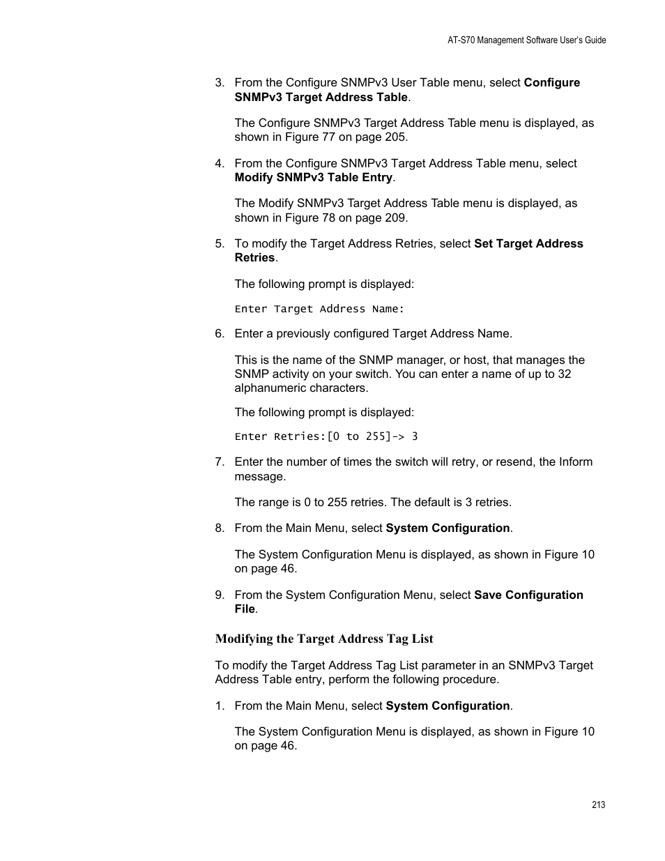 Modifying the target address tag list | Allied Telesis AT-S70 User Manual | Page 213 / 302