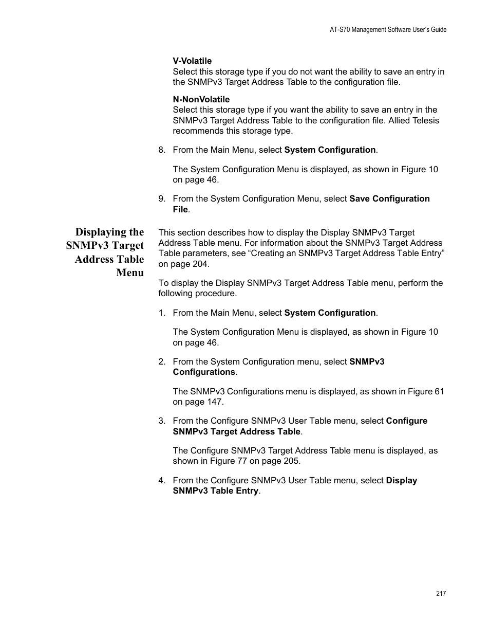 Displaying the snmpv3 target address table menu | Allied Telesis AT-S70 User Manual | Page 217 / 302