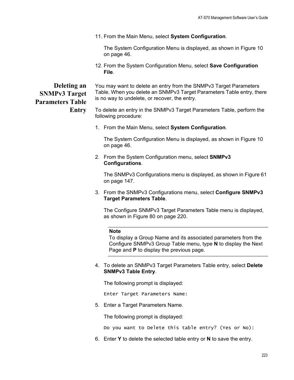 Deleting an snmpv3 target parameters table entry | Allied Telesis AT-S70 User Manual | Page 223 / 302