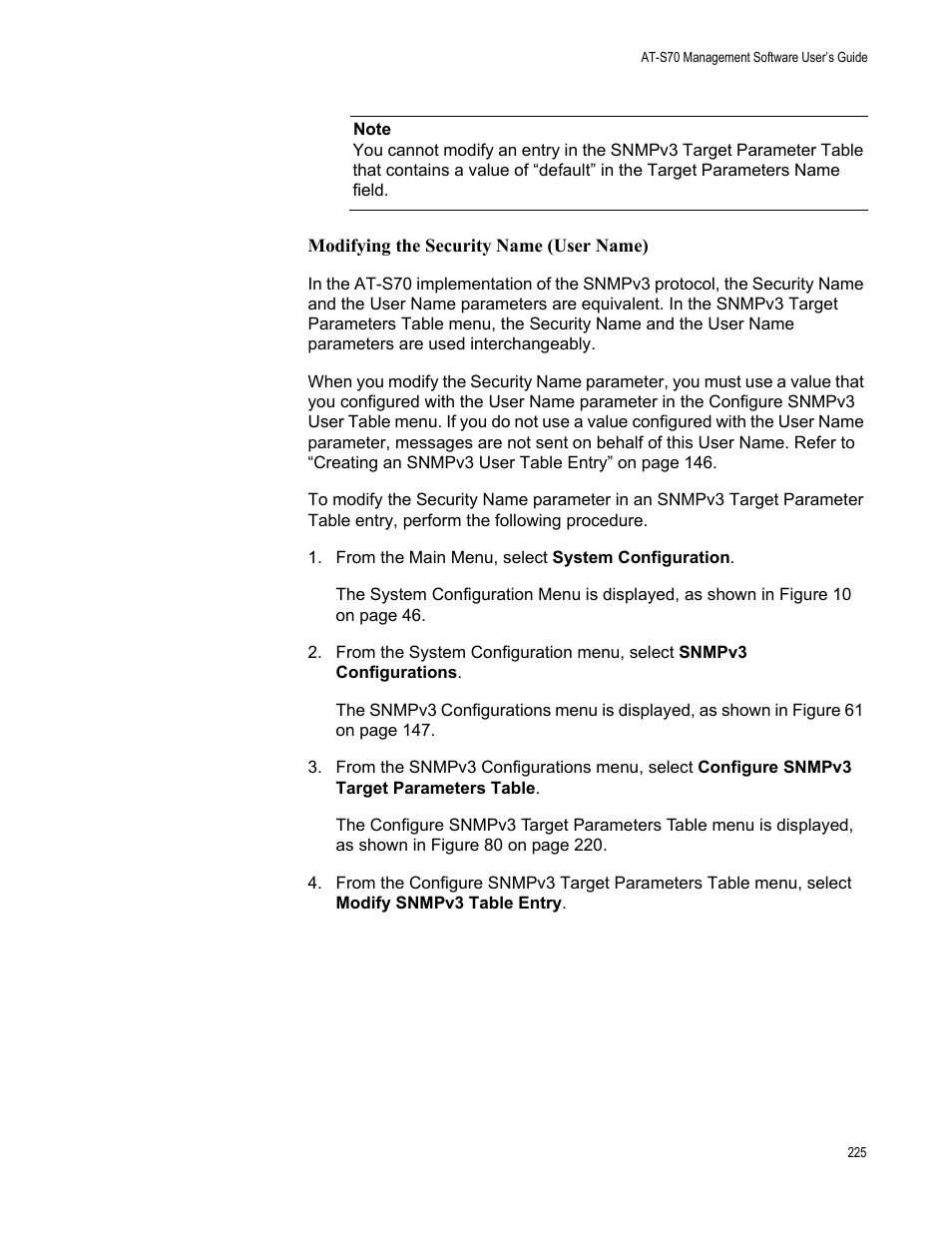 Modifying the security name (user name) | Allied Telesis AT-S70 User Manual | Page 225 / 302