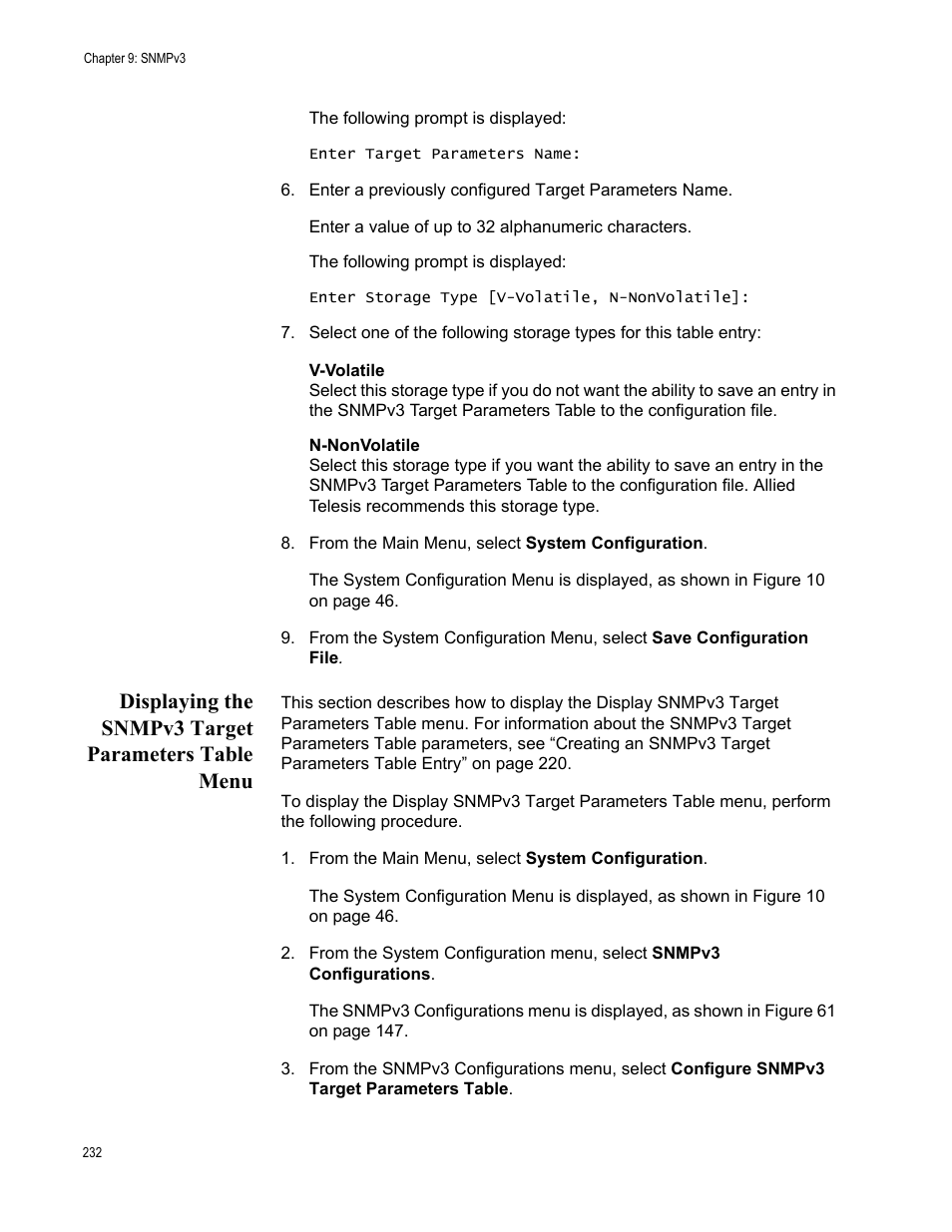 Displaying the snmpv3 target parameters table menu | Allied Telesis AT-S70 User Manual | Page 232 / 302