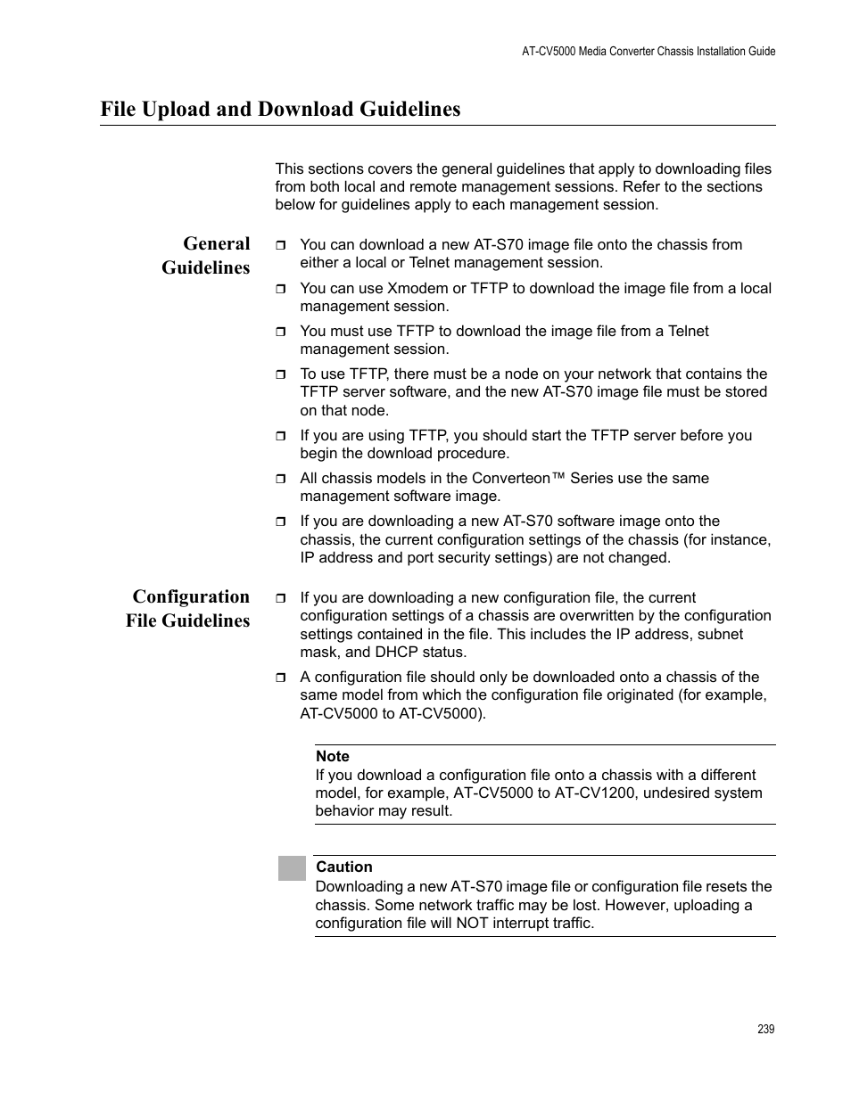 File upload and download guidelines, General guidelines, Configuration file guidelines | General guidelines configuration file guidelines | Allied Telesis AT-S70 User Manual | Page 239 / 302