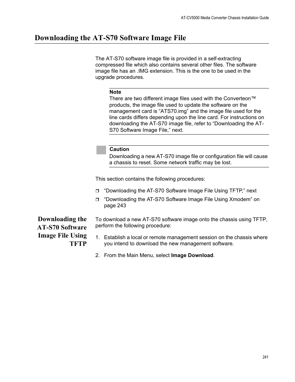 Downloading the at-s70 software image file | Allied Telesis AT-S70 User Manual | Page 241 / 302
