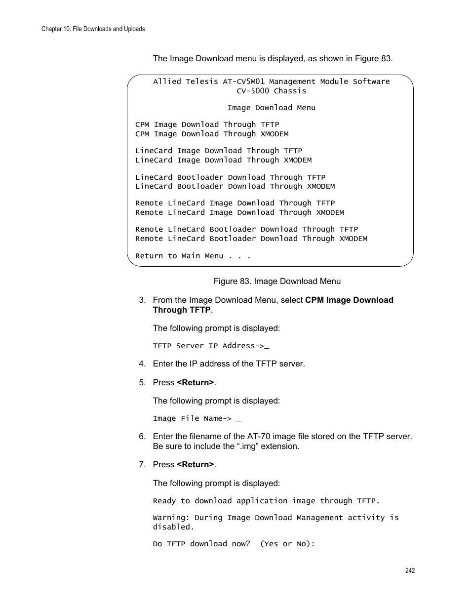Figure 83. image download menu | Allied Telesis AT-S70 User Manual | Page 242 / 302
