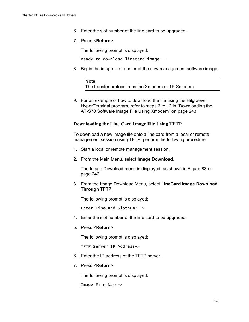 Downloading the line card image file using tftp | Allied Telesis AT-S70 User Manual | Page 248 / 302
