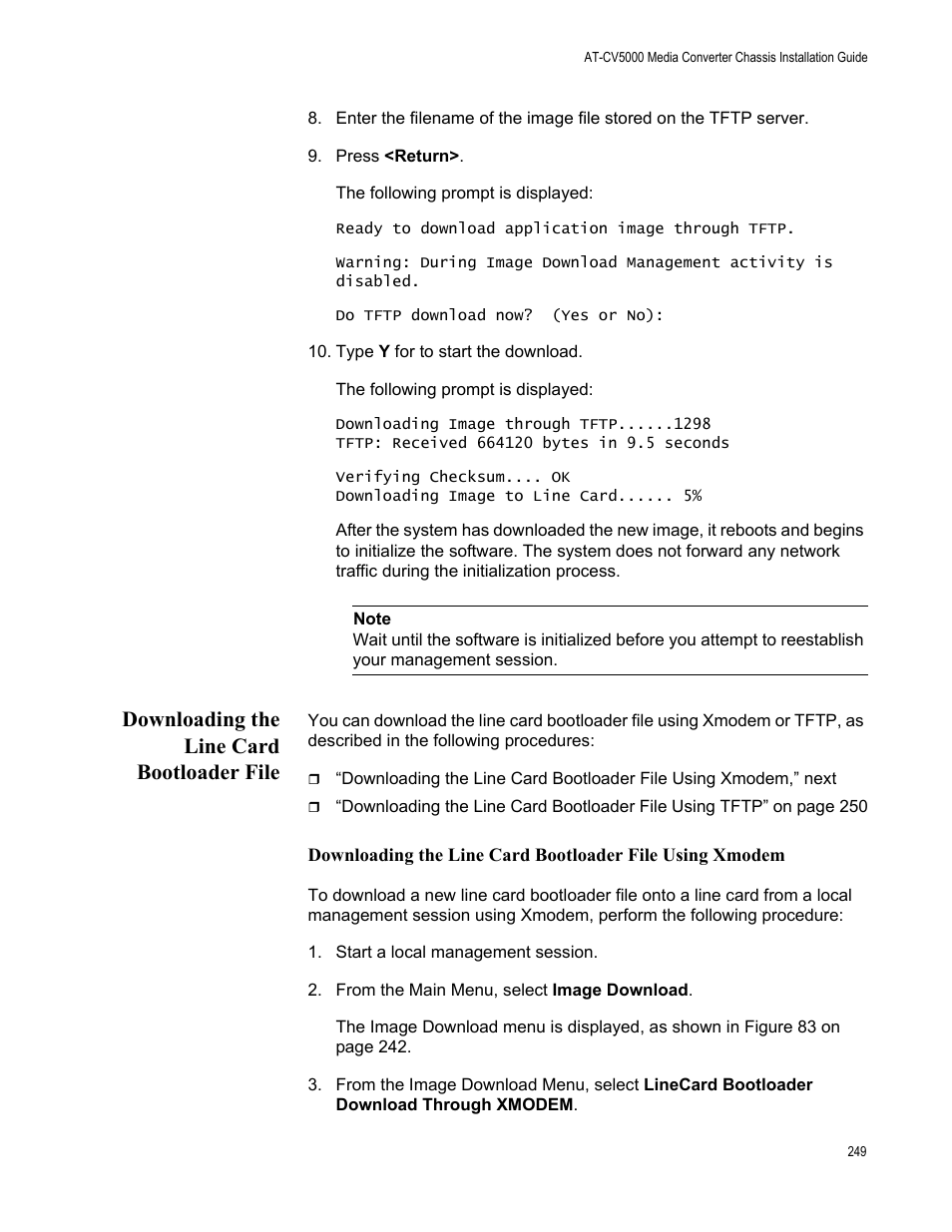 Downloading the line card bootloader file | Allied Telesis AT-S70 User Manual | Page 249 / 302