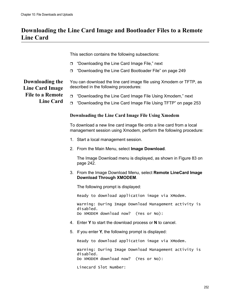 Downloading the line card image file using xmodem | Allied Telesis AT-S70 User Manual | Page 252 / 302