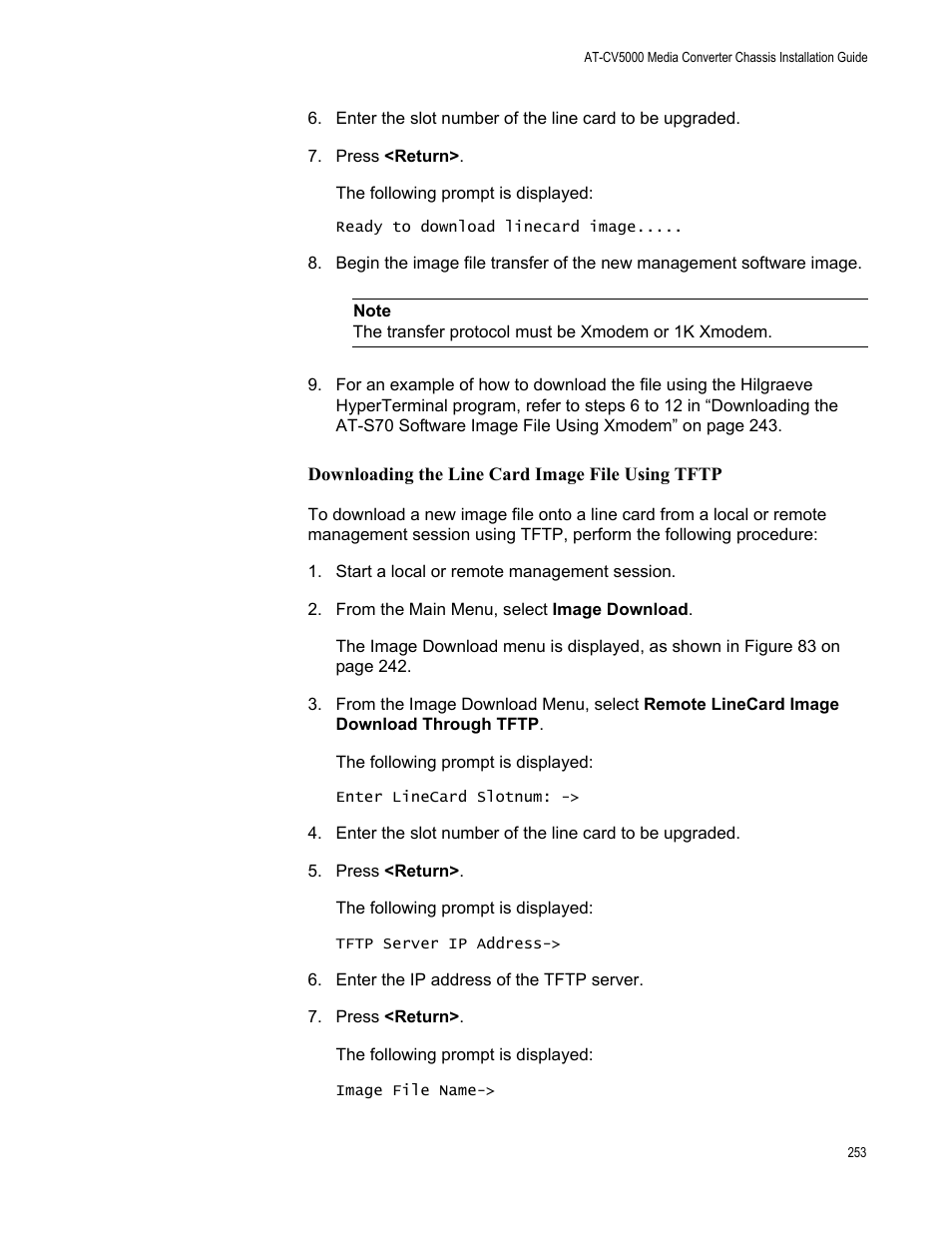 Downloading the line card image file using tftp | Allied Telesis AT-S70 User Manual | Page 253 / 302