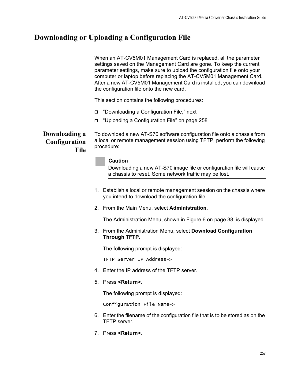 Downloading or uploading a configuration file, Downloading a configuration file | Allied Telesis AT-S70 User Manual | Page 257 / 302