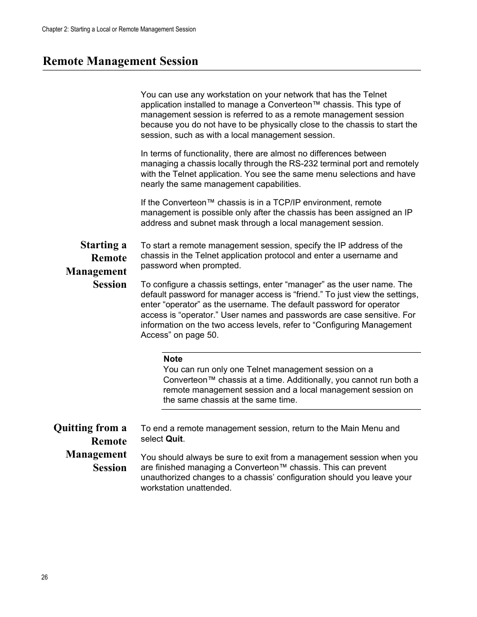 Remote management session, Starting a remote management session, Quitting from a remote management session | Allied Telesis AT-S70 User Manual | Page 26 / 302