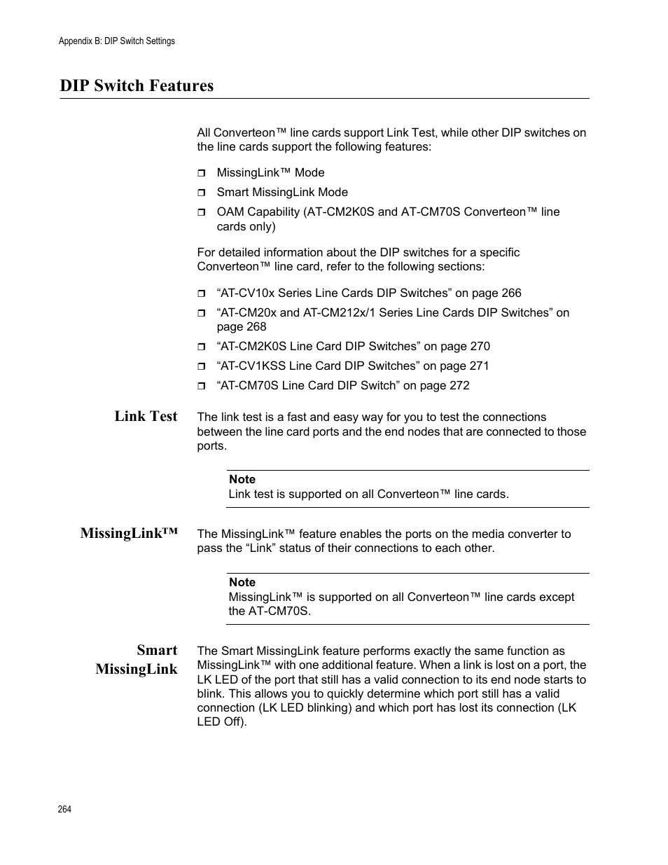 Dip switch features, Link test, Missinglink | Smart missinglink, Link test missinglink™ smart missinglink | Allied Telesis AT-S70 User Manual | Page 264 / 302