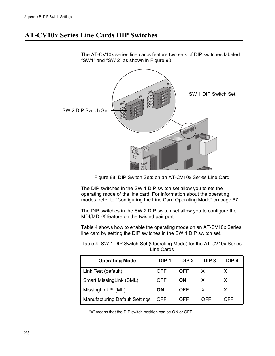 At-cv10x series line cards dip switches | Allied Telesis AT-S70 User Manual | Page 266 / 302
