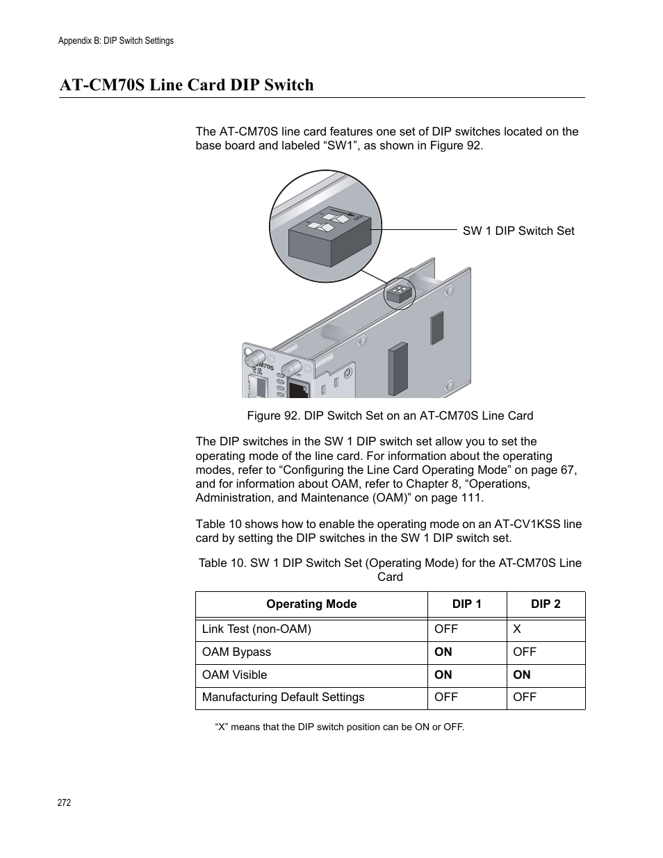 At-cm70s line card dip switch, Figure 92. dip switch set on an at-cm70s line card | Allied Telesis AT-S70 User Manual | Page 272 / 302