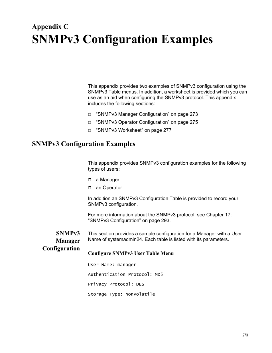 Appendix c, Snmpv3 configuration examples, Snmpv3 manager configuration | Configure snmpv3 user table menu, Appendix c: snmpv3 configuration examples | Allied Telesis AT-S70 User Manual | Page 273 / 302
