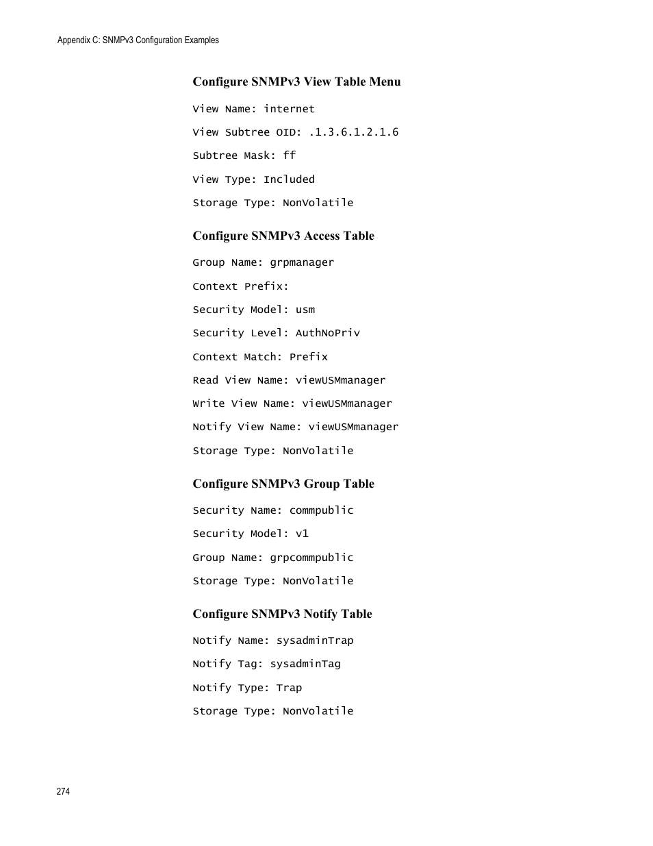 Configure snmpv3 view table menu, Configure snmpv3 access table, Configure snmpv3 group table | Configure snmpv3 notify table | Allied Telesis AT-S70 User Manual | Page 274 / 302