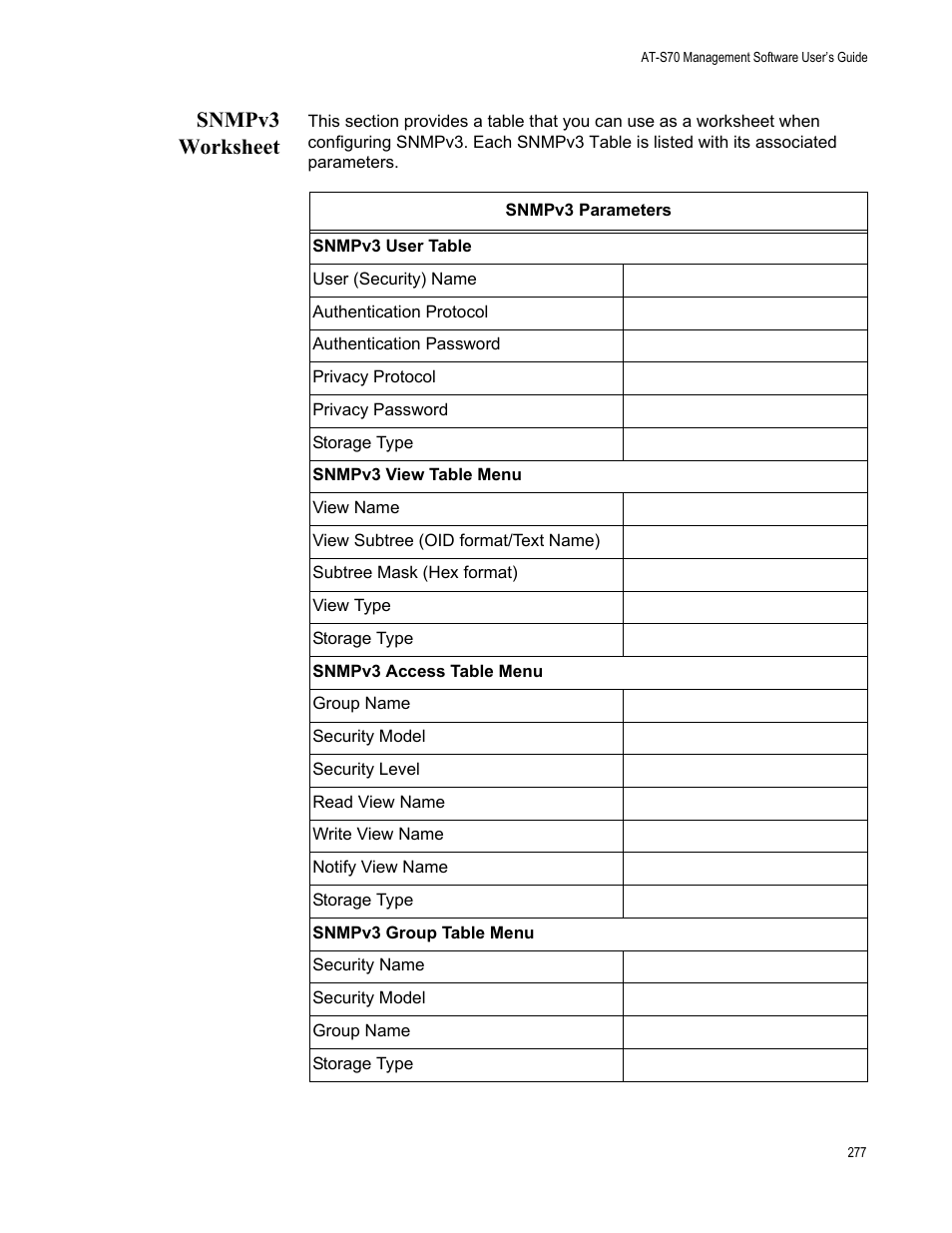 Snmpv3 worksheet | Allied Telesis AT-S70 User Manual | Page 277 / 302