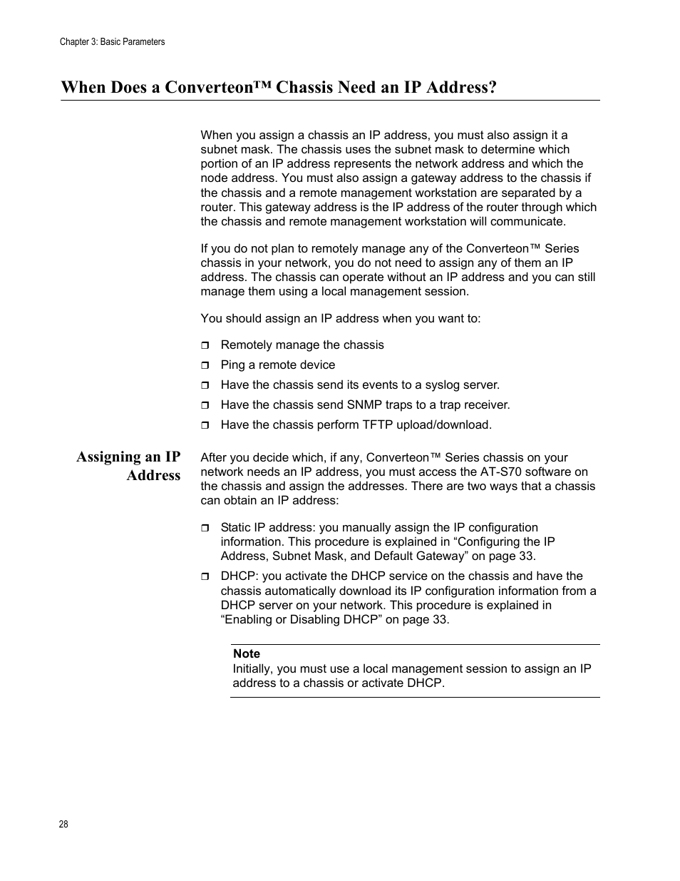 When does a converteon™ chassis need an ip address, Assigning an ip address | Allied Telesis AT-S70 User Manual | Page 28 / 302