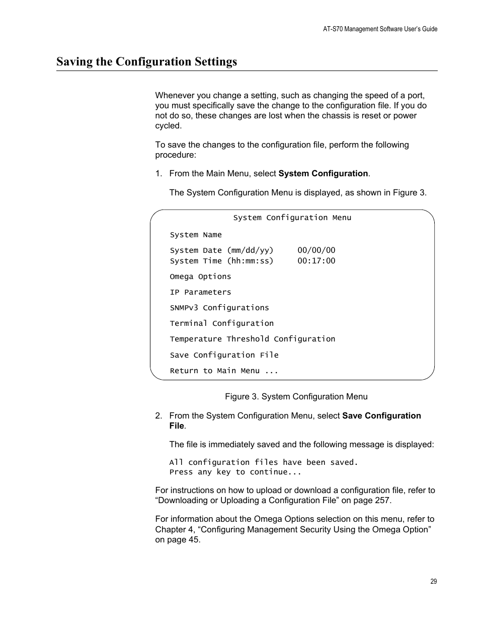 Saving the configuration settings, Figure 3. system configuration menu | Allied Telesis AT-S70 User Manual | Page 29 / 302