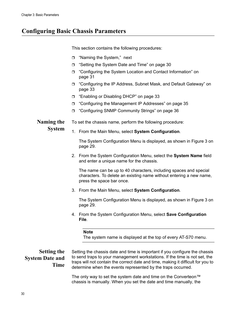 Configuring basic chassis parameters, Naming the system, Setting the system date and time | Naming the system setting the system date and time | Allied Telesis AT-S70 User Manual | Page 30 / 302