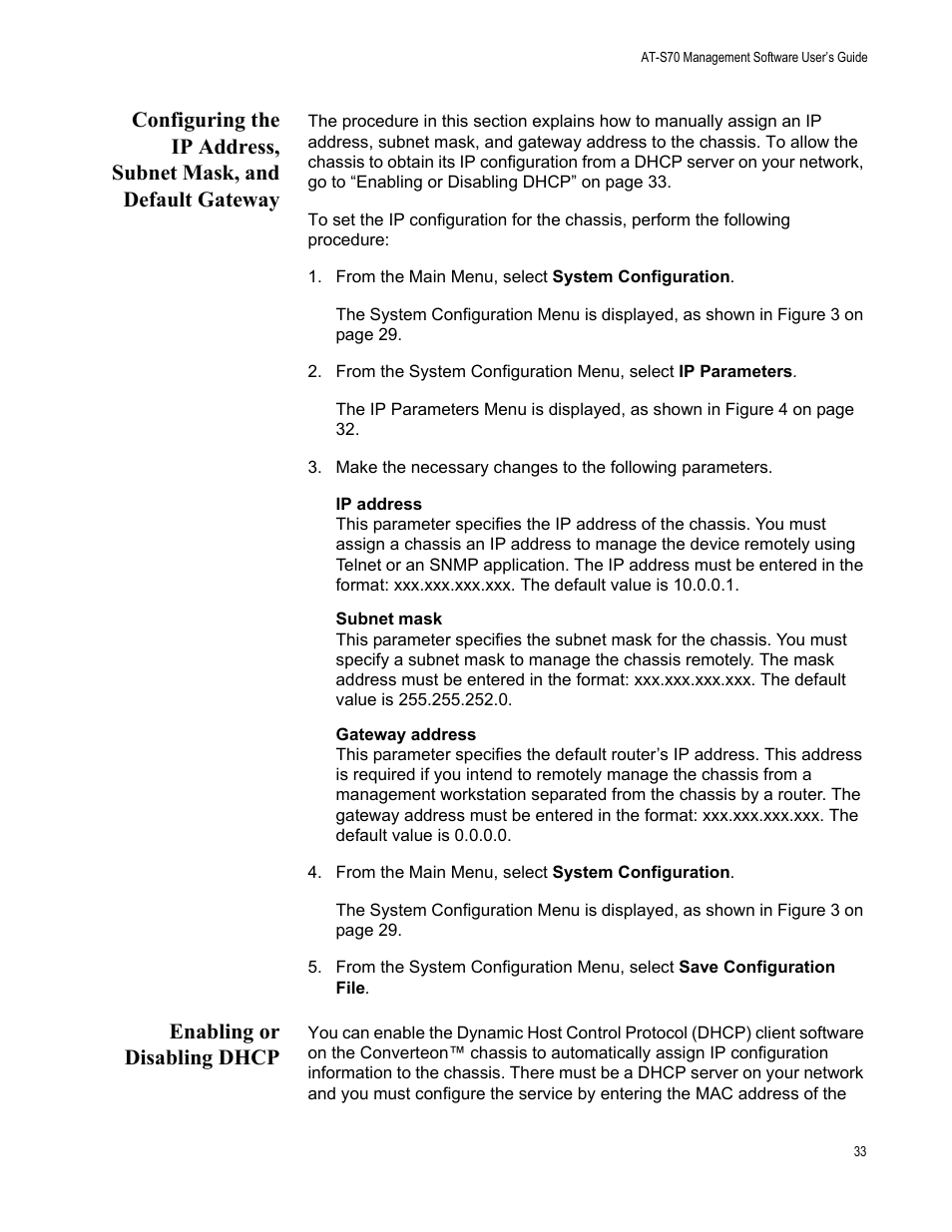Enabling or disabling dhcp | Allied Telesis AT-S70 User Manual | Page 33 / 302