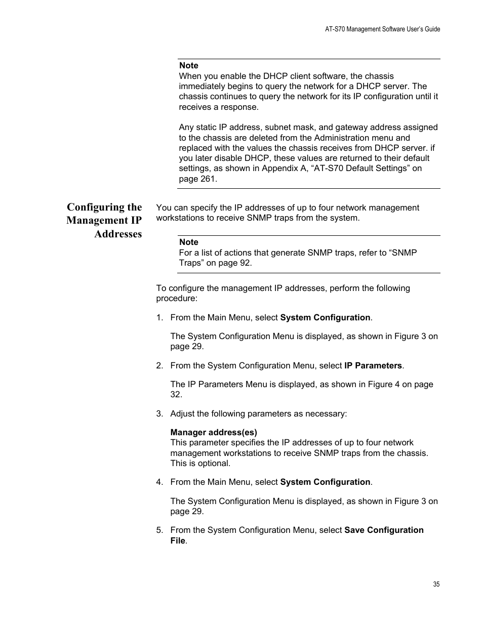 Configuring the management ip addresses | Allied Telesis AT-S70 User Manual | Page 35 / 302