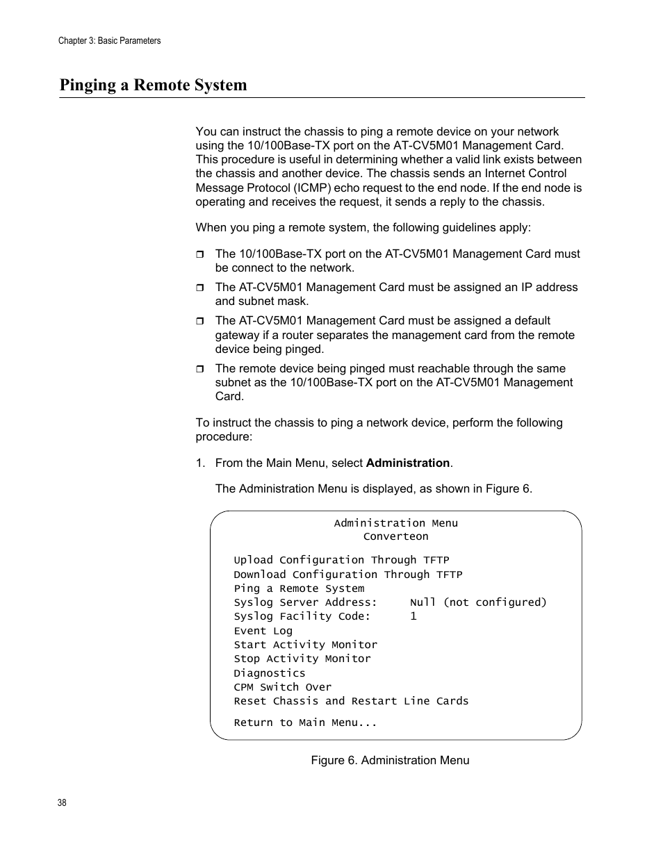 Pinging a remote system, Figure 6. administration menu | Allied Telesis AT-S70 User Manual | Page 38 / 302