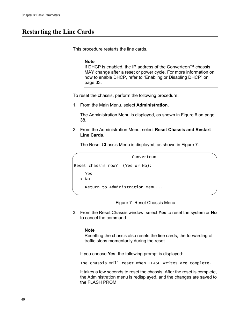Restarting the line cards, Figure 7. reset chassis menu | Allied Telesis AT-S70 User Manual | Page 40 / 302