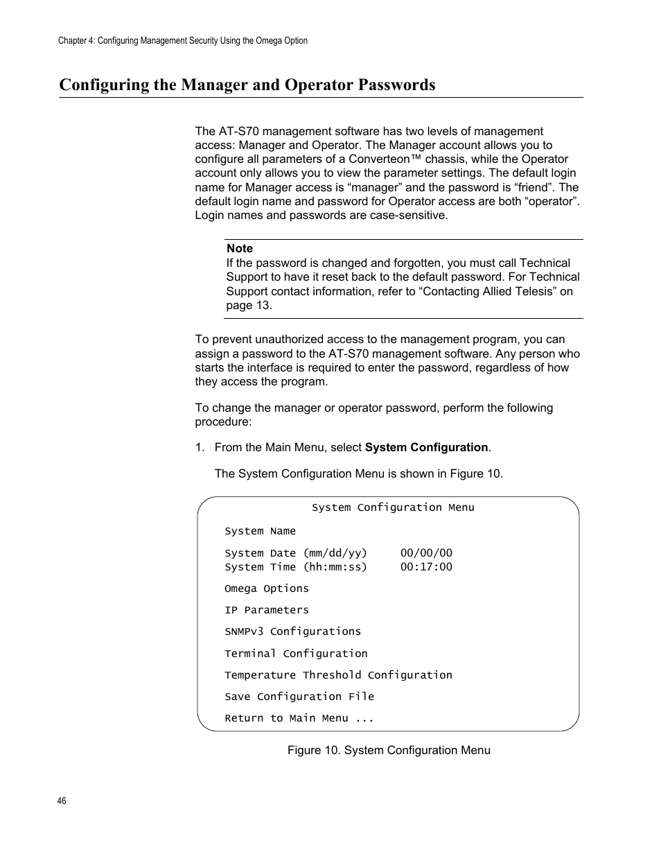 Configuring the manager and operator passwords, Figure 10. system configuration menu | Allied Telesis AT-S70 User Manual | Page 46 / 302