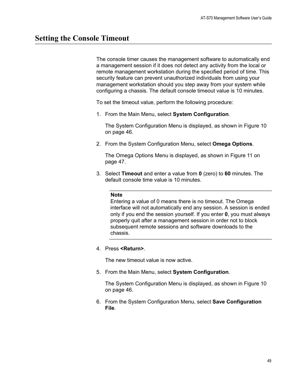 Setting the console timeout | Allied Telesis AT-S70 User Manual | Page 49 / 302