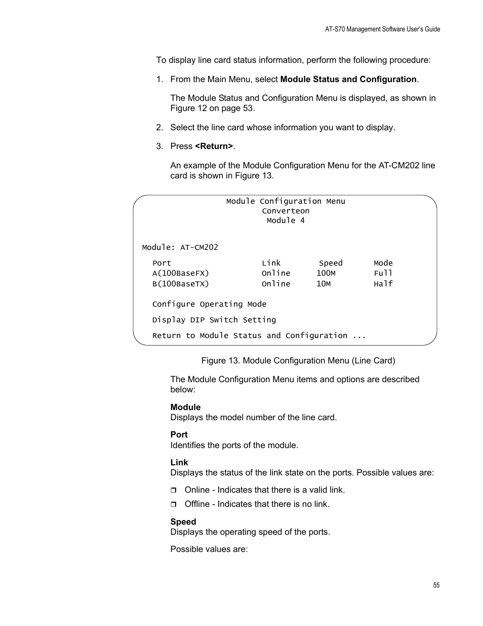 Figure 13. module configuration menu (line card) | Allied Telesis AT-S70 User Manual | Page 55 / 302