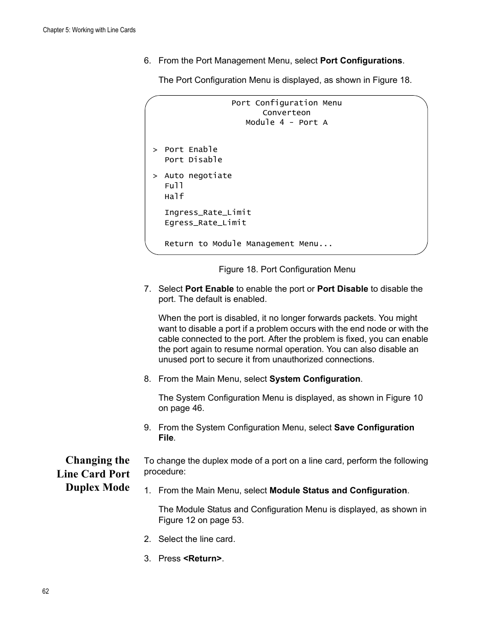 Changing the line card port duplex mode, Figure 18. port configuration menu | Allied Telesis AT-S70 User Manual | Page 62 / 302