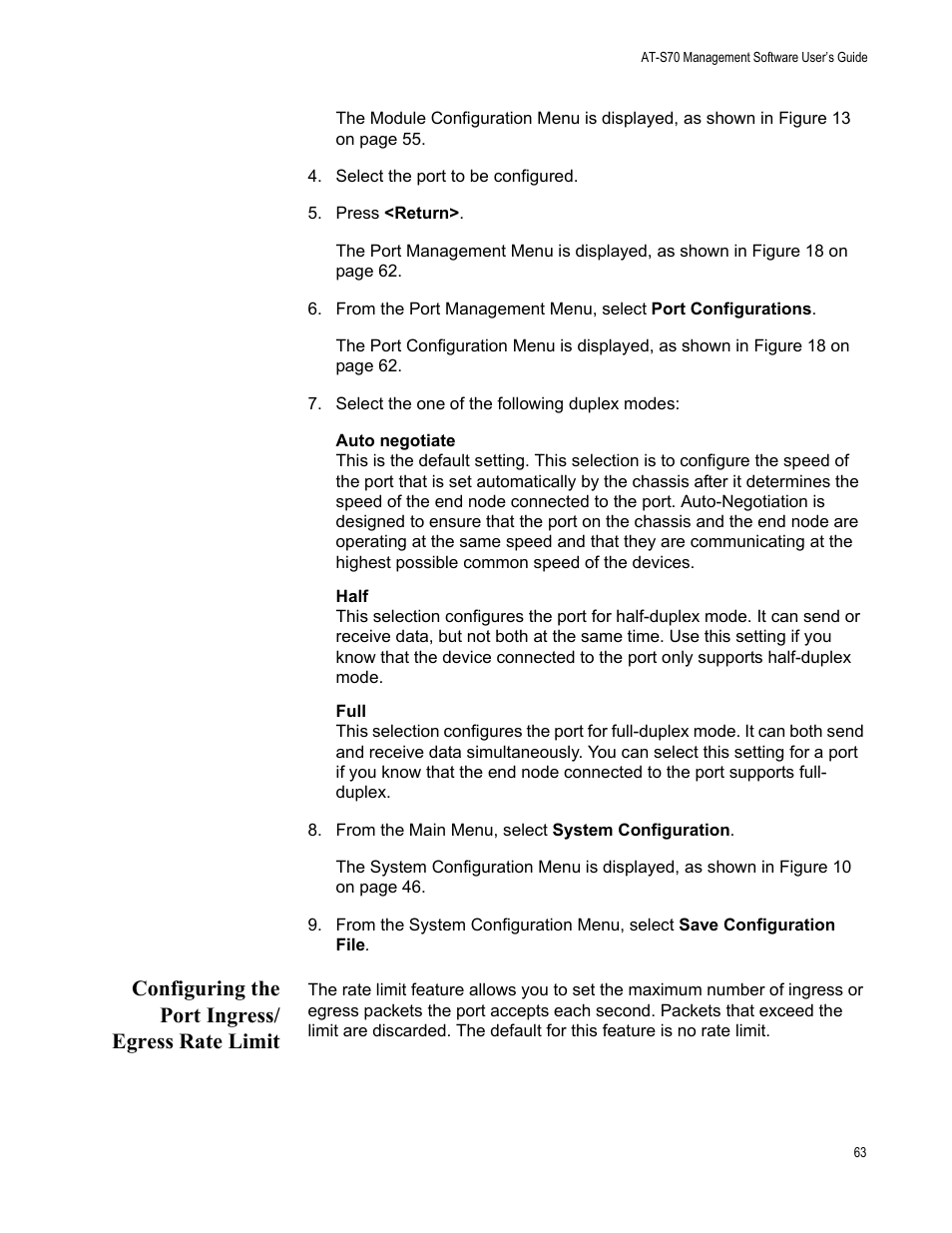 Configuring the port ingress/ egress rate limit, Configuring the port ingress/egress rate limit | Allied Telesis AT-S70 User Manual | Page 63 / 302